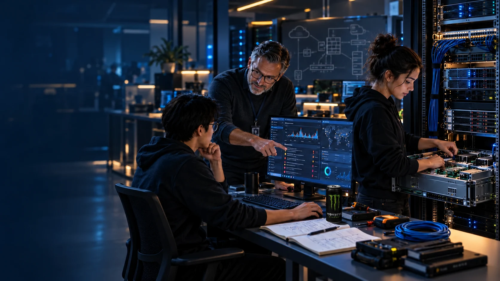 Tutor a explicar um painel SIEM a um estagiário, enquanto outra estagiária configura um servidor aberto num bastidor, com notas técnicas sobre a mesa